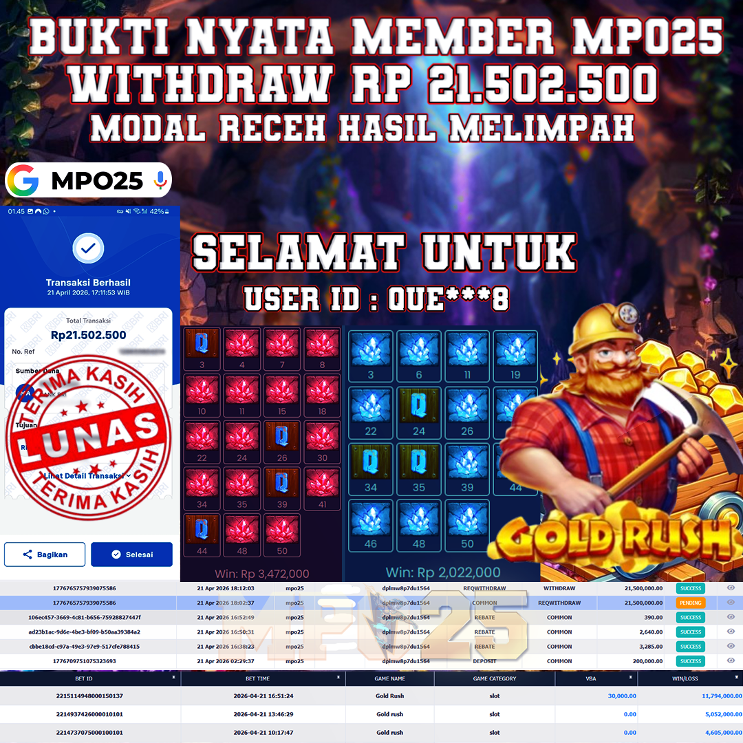 MPO25 BERMAIN GOLD RUSH DAPAT JACKPOT WD Rp.21,502,500- DI BAYAR TUNTAS